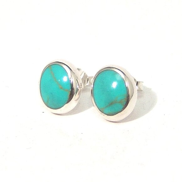 Sterling Silver Turquoise Stud Earrings Oval Bezel Set Hand Polished 10 x 8 mm - Picture 4 of 6